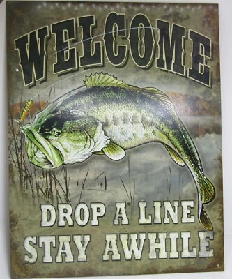 Металлическая вывеска Welcome Drop a Line Stay Awhile Lake Cabin деревенский декор для окуня - Изображение 1 из 3