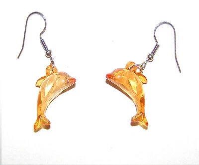 Pendientes de delfín, 3D, color naranja/ámbar, ganchos de acero quirúrgico hipoalergénico Foto 1 de 2