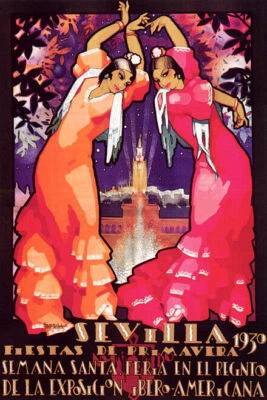 SEVILLA FIESTAS PRIMAVERA FLAMENCO SPANISH DANCE 1930 SPAIN VINTAGE POSTER REPRO - Image 1 of 3