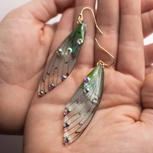 Green Butterfly Dangle Earrings - Radiant Colorful Beautiful Buttefly Wings - Picture 1 of 8