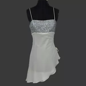 Niki Livas Silk Chiffon Spaghetti Strap Mini Sequin Dress 8 Off White Party Y2K - Picture 1 of 15