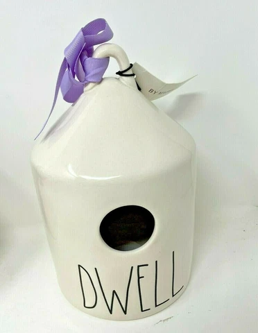 Rae Dunn "DWELL " Round Ceramic Birdhouse - Butterfly on Back  Purple Tie NEW Cover