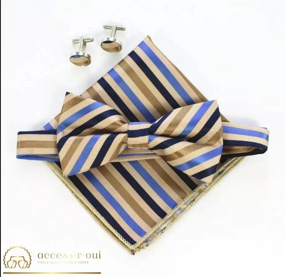 Juego de pajarita a rayas marrones y azules para hombre y gemelos y cuadrados de bolsillo a juego Foto 1 de 1