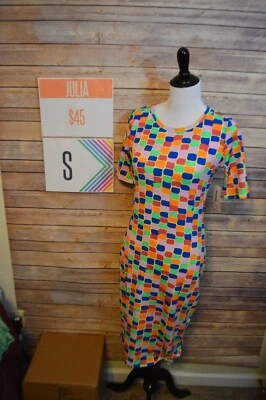 LuLaRoe NWT Julia Dress  SM Fitted Geo Squares of Blue/Mint/Orange/Wine/Lilac - Image 1 of 4