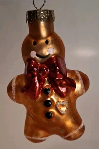 Vintage Blown Glass Christmas Ornament Gingerbread Man Glittered Red Bow 3"  - Picture 1 of 4