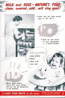 1942 Huevos de leche lucha contra el desperdicio de alimentos Segunda Guerra Mundial economía doméstica póster arte de pared impresión Foto 1 de 4