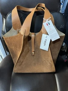 Cheval Firenze Italian Suede Turn-Lock Shoulder Hobo Bag In Tan - Picture 1 of 6