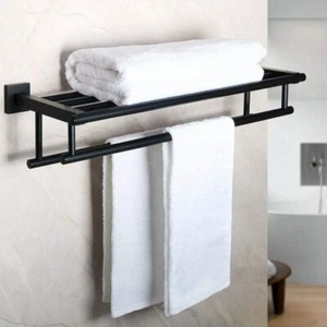 24 In Bathroom Lavatory Towel Rack Shelf w/2 Towel Bars Wall Mount Holder Black - Picture 1 of 7