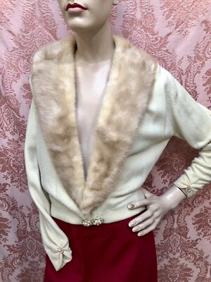 Cárdigan Crema HADLEY CASHMERE Años 60 De Colección con CUELLO CHAL DE PIEL DE VISÓN PASTEL Talla-M Foto 1 de 4