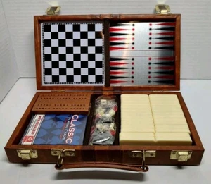 Games Travel Case faux Leather Chess Checkers Backgammon Cribbage Dominoes Cards - Picture 1 of 20