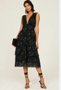 Amur Fiona Ruffle Dress size: 14 Black Floral Sleeveless V-Neck - Picture 1 of 9