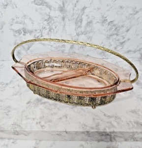Art Deco Pink Depression Glass Divided Relish Dish/Brass Basket/Cambridge Glass - Picture 1 of 10