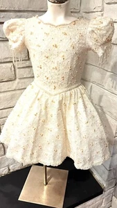 Girls Lace Hand-Beaded Pearls & Champagne Sequins Tulle Pageant Dress Sz 7 Clean - Picture 1 of 21
