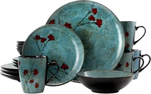 Round Stoneware Floral Dinnerware Set, 16 Piece, Blue with Red Accents - Picture 1 of 1