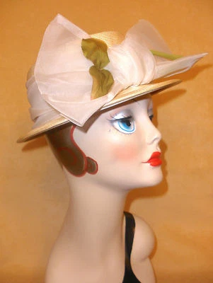 Yves Saint Laurent YSL Cream Straw Hat w/ Large White Organza Trim & Bow - Image 1 of 4