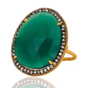 Natural Green Onyx Ring 925 Sterling Silver Prong Set Gold Plated Jewelry - Picture 1 of 3