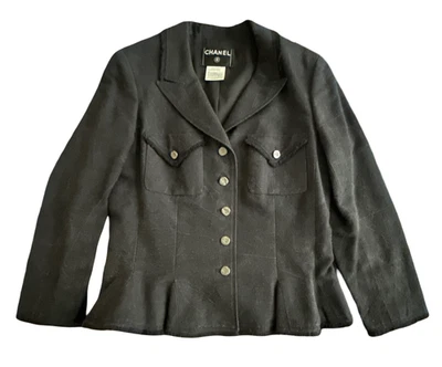 Chanel 06P Black  Silk/Denim CC Logo Button Blazer Jacket - Size 44/10 - Image 1 of 4