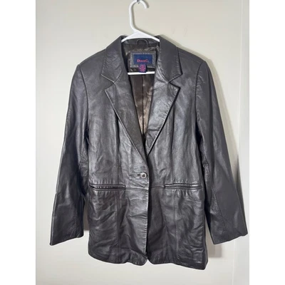DENIM & CO Womens Medium Brown Leather Blazer Jacket Single Button Lined - Image 1 of 4
