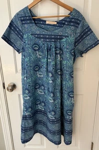 La Cera Nightgown L Floral Paisley Cotton Blue Nightie Lounge Dress Boho Peasant - Picture 1 of 17