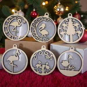 6 Holz Weihnachten Urlaub 3D Laser geschnitten 4" Runde 2 Schichten Flamingo Ornamente Neu in Verpackung - Bild 1 von 13