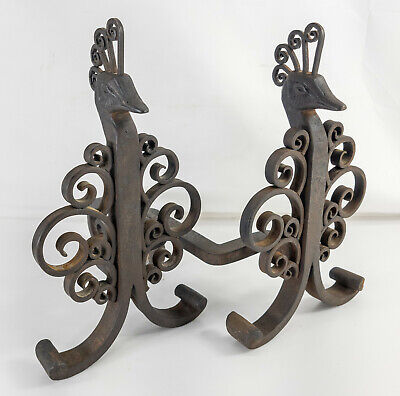 Signed Edgar Brandt Wrought Iron Peacock Chenets French Art Deco C.1925 Andirons • 6,012.22$