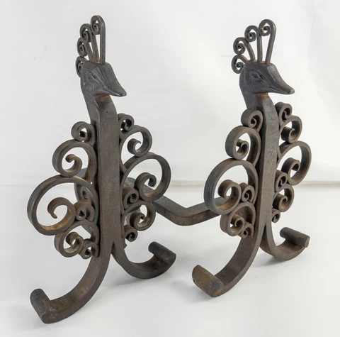 Signed Edgar Brandt Wrought Iron Peacock Chenets French Art Deco c.1925 Andirons Cover
