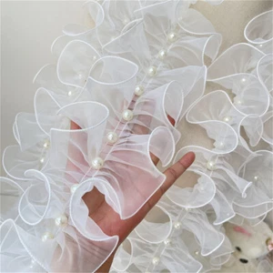 200cm Pearl Nail Beaded Ruffle Organza Lace Trim for Lolita Dress Sewing DIY - Picture 1 of 20