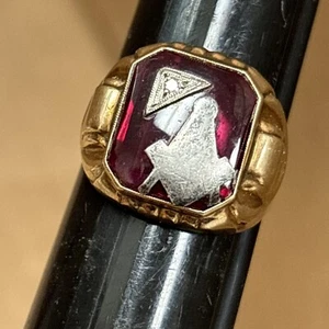 Vintage 10k Gold Diamond Red Stone Men's Freemason Masonic Pinky Ring sz 8.5 - Picture 1 of 9