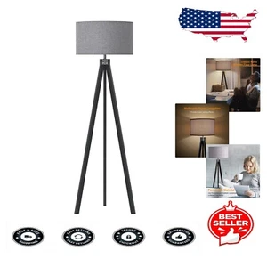 Wood Tripod Floor Lamp - Modern Mid Century Design for Living Room & Office - Picture 1 of 8
