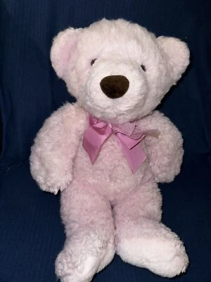 Содружество пастельный розовый плюшевый медведь плюшевый с шеи ленты 1999 трудно найти винтажный 16 дюймов - Изображение 1 из 4