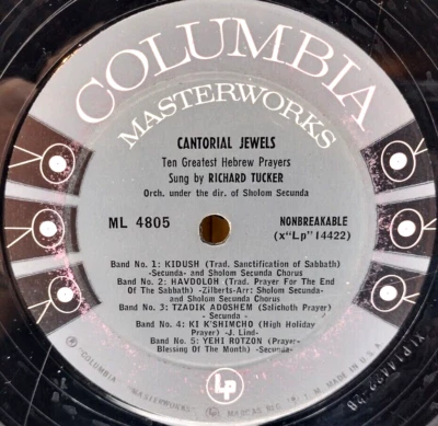 LP Hebrew Cantor Richard Tucker Cantorial Jewels Ten Prayers ML4805 Columbia VG - Image 1 of 4