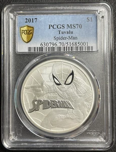 2017 1 Oz .9999 Silver Tuvalu Spider-Man PCGS Gold Shield MS 70 Marvel Avengers! - Picture 1 of 2