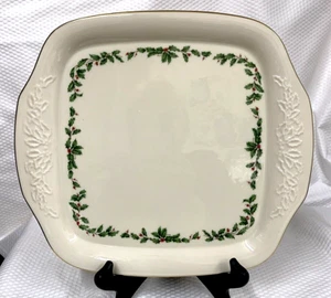 New~Lenox Holiday Dimension Square Handled Cake Plate Holly Berry 12.25" x10.75" - Picture 1 of 6