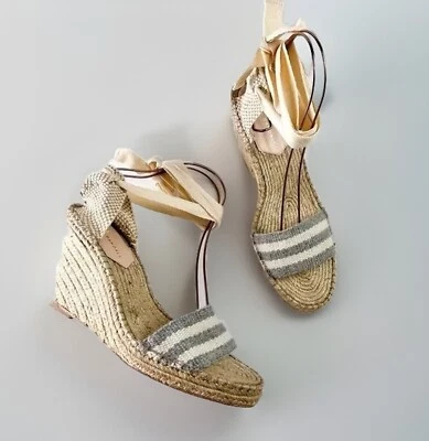 Sandalia de cuña Loeffler Randall para mujer 10,5 Miranda gris beige correa de encaje al tobillo Foto 1 de 4