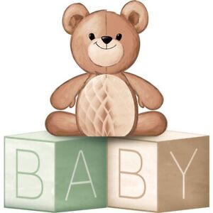 Teddy Bear Baby Shower Honeycomb Blocks Centerpiece Bear 10" x 9" Blocks 6" x 6"
