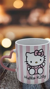 HELLO KITTY 18 oz Coffee Mug w/ Heart Handle Pink and White Stripes - Picture 1 of 12