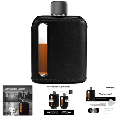 Glass Hip Flask 100ml Leather Black For Men & Women Vented Pour Window - Image 1 of 4