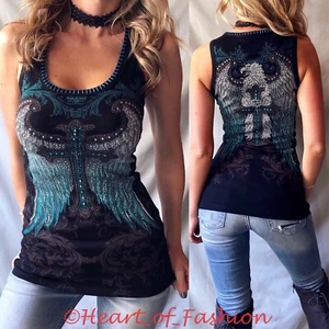 Nueva camiseta sin mangas VOCAL para mujer negra EMBELLECIDA cruz ángel GRÁFICA puntada acanalada - Imagen 1 de 11