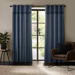 Catherine Lansfield Melville Eyelet Ring Top Fully Lined Curtains Pair Navy - Picture 1 of 3