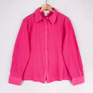 Coldwater Creek Mesh Knit Big Shirt Size Large Pink Button Up Roll Tab Sleeves - Picture 1 of 9