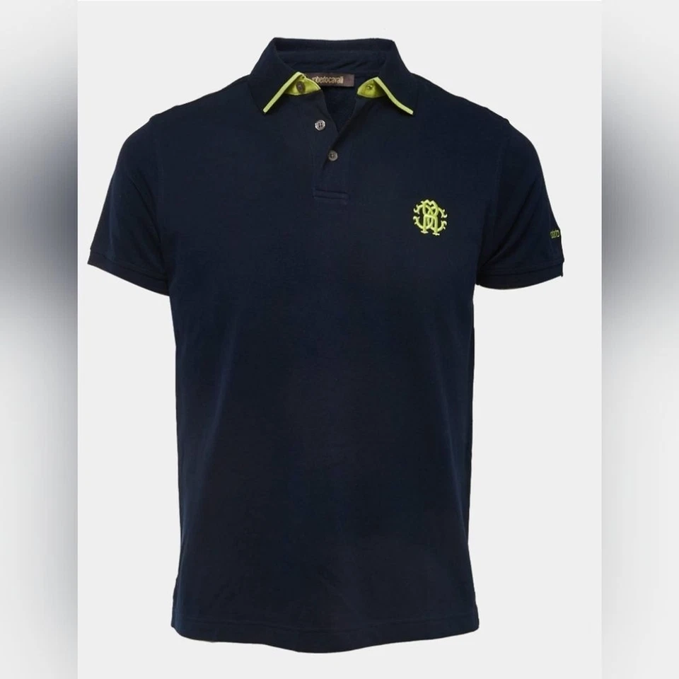Roberto Cavalli Polo Euc Navy Lime L Large TC - Image 1 of 4