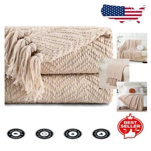 Super Soft Beige Throw Blanket for Couch – Cozy 60" x 80" All-Season Comfort - Picture 1 of 11