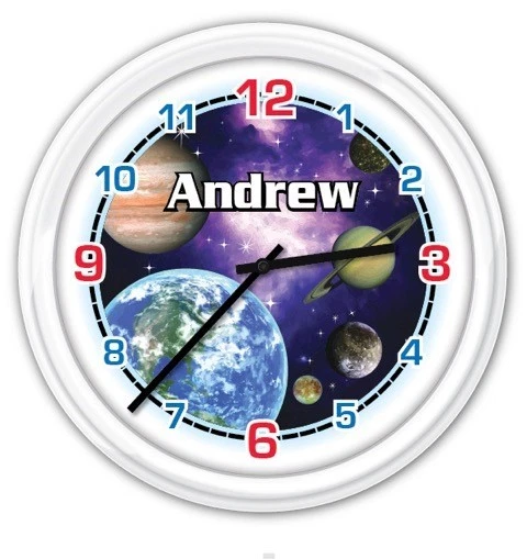 Space Galaxy Wall Clock PERSONALIZED Planets Moon Stars Kids Bedroom GIFT - Image 1 of 1