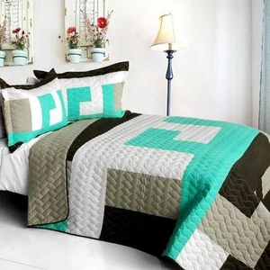 3 PC Tetris B Vermicelli Queen Quilt Shams geometric turquoise gray - Picture 1 of 1