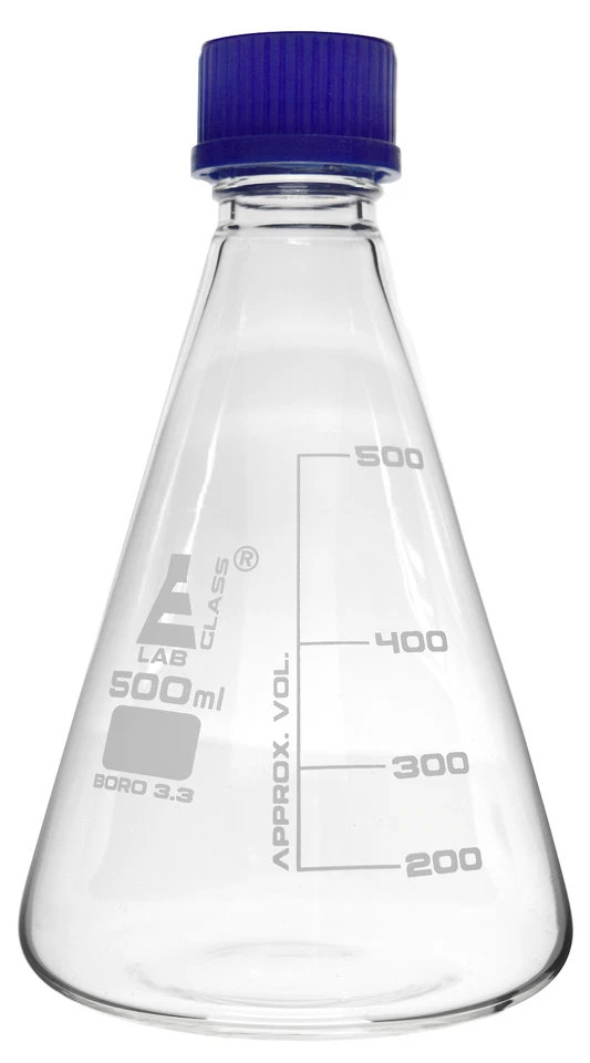 500ml Erlenmeyer Conical Flask with Teflon Lined Screw Cap, Borosilicate Glass - Image 1 of 1