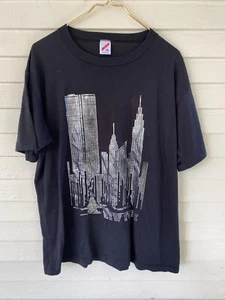 Vintage 80s New York Skyline Twin Towers Silver on Black Jerzees XL Made in USA - Picture 1 of 12