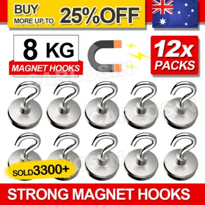 12x Strong Magnet Hooks Rare Earth Neodymium N38 Magnetic Hanger Holder 8kg AU - image 1 of 4