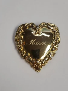 Gold Tone Heart Brooch Inscribed "Mom" - Picture 1 of 5