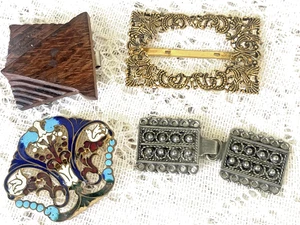 Lote De Colección De Hebillas De Vestido Victoriano Esmalte Madera Latón Filigrana Aspecto Plateado + - Imagen 1 de 4
