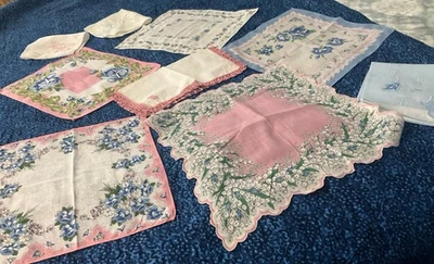 Vintage Floral and Embroidered Hankies Lot of 9 Pink and Blue - Image 1 of 4
